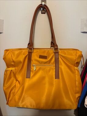Yellow Teacher Tote Bag with Brown Leather Handles